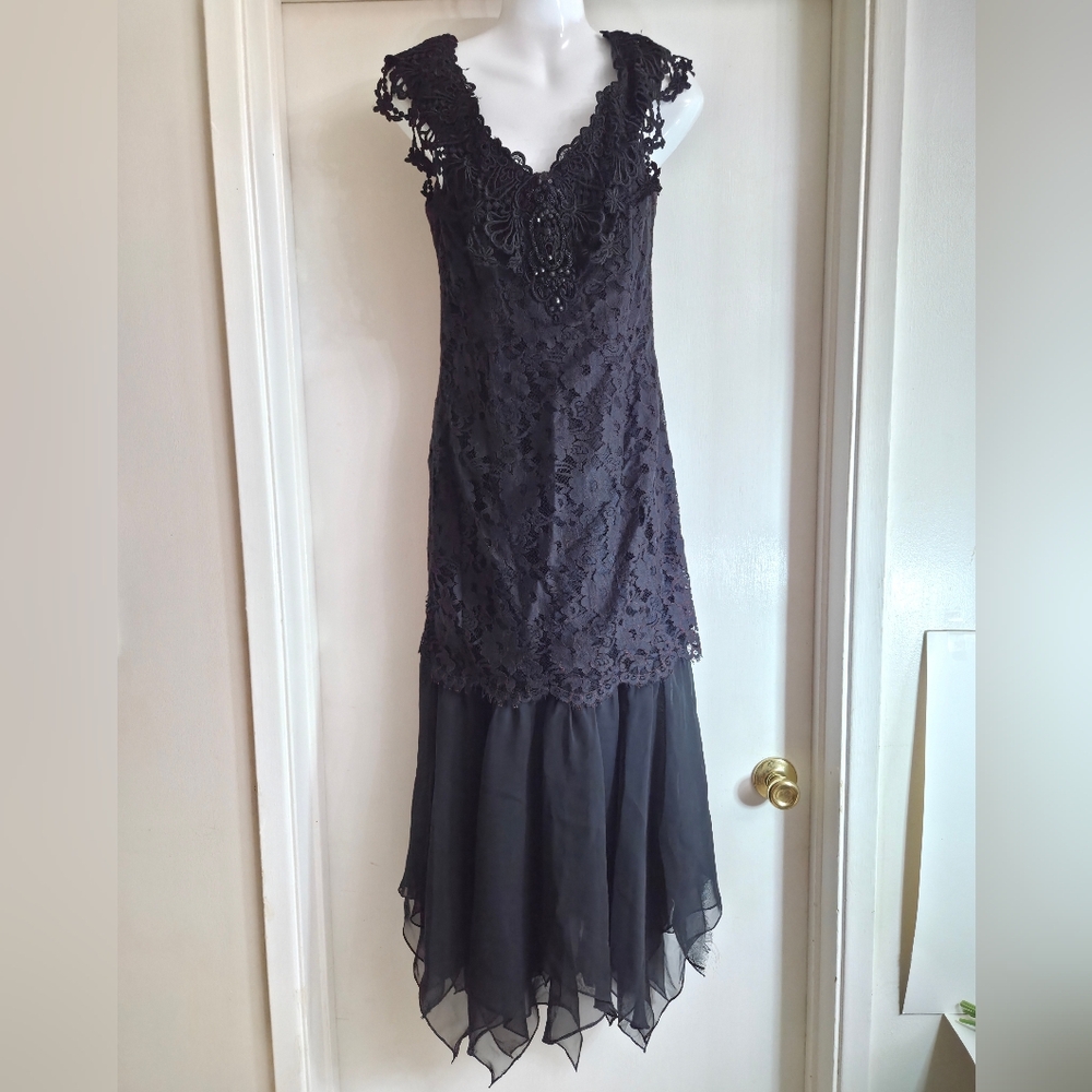 Scott McClintock Elegant Black Lace Dress. Long Asymmetric Black Cocktail Dress - Picture 2 of 13